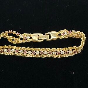 Vintage Bracelet Purple & Colorless Crystal Stones Surronded By 2 Rope Chain